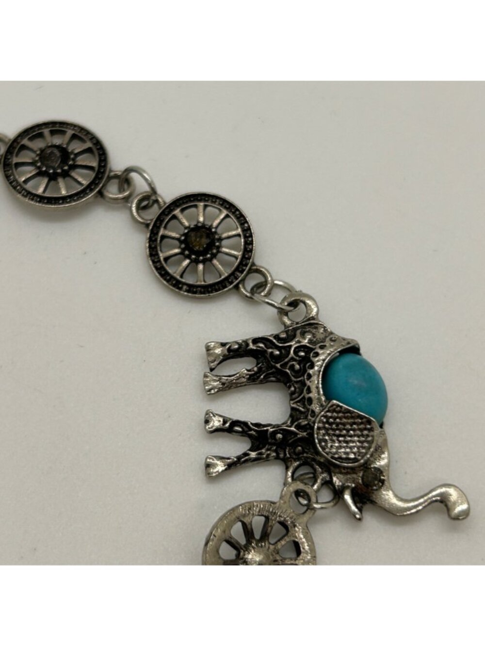 Boho Elephant Link Bracelet Silver Tone Turquoise Color Stone Bohemian Good Luck - Picture 7 of 12
